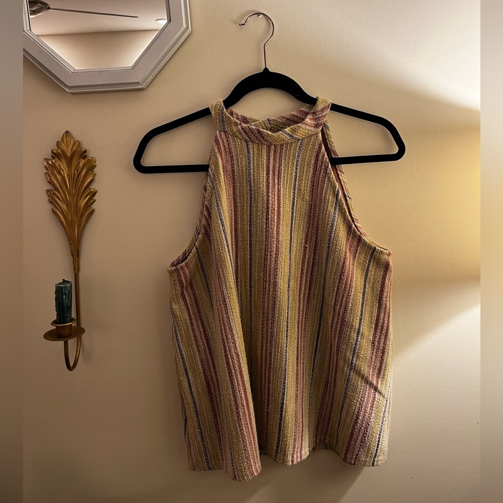 High neck striped top with wood buttons on back